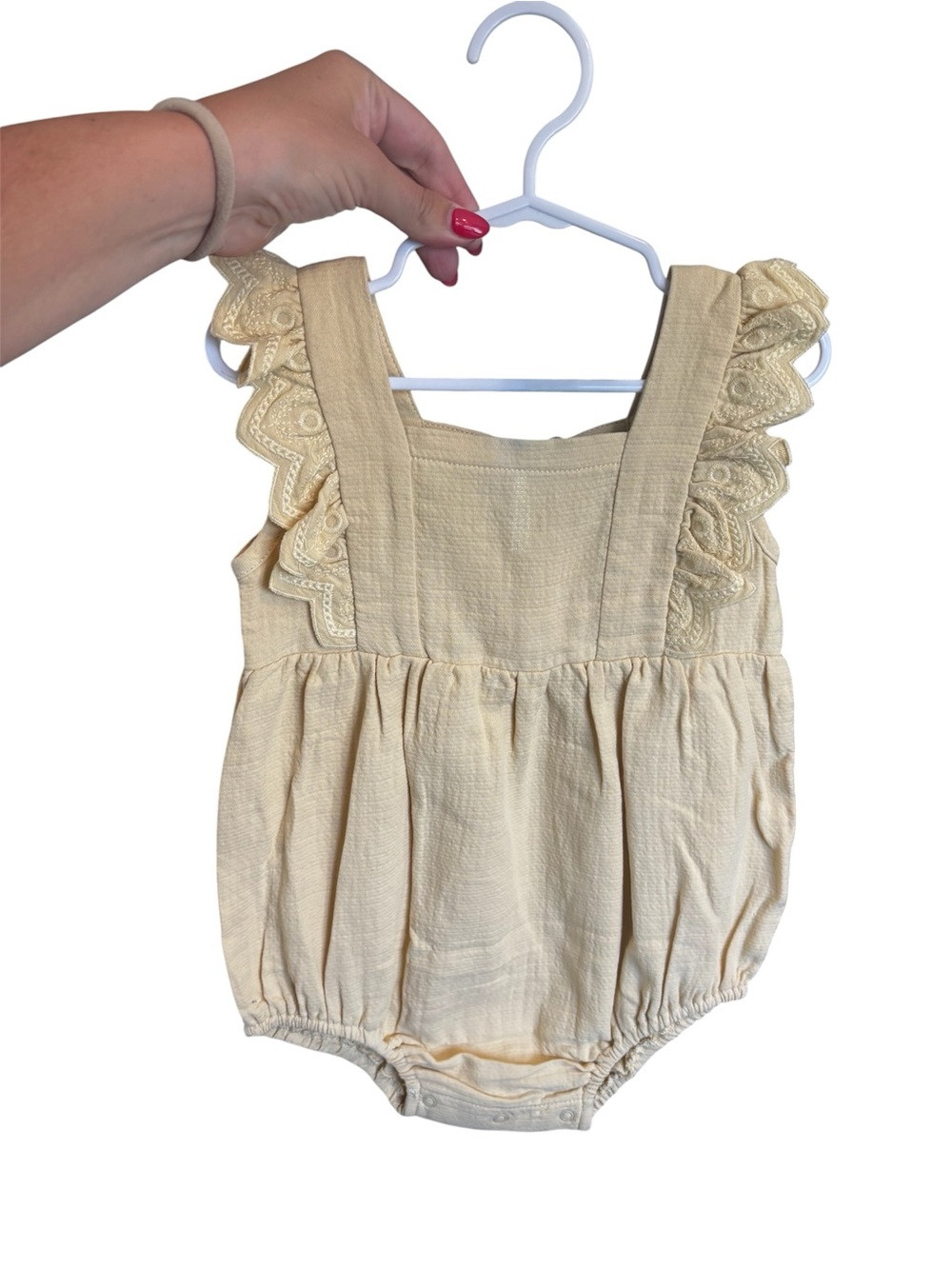 Quincy Mae Naomi romper- honey. Ruffle Shoulder Baby Romper